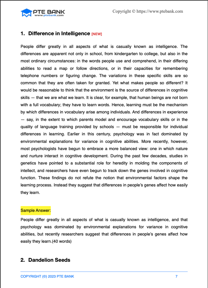 PTE Reading and writing materials